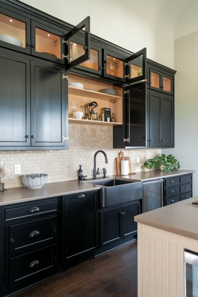 Coordinate with Black Hardware-black cabinet kitchen ideas