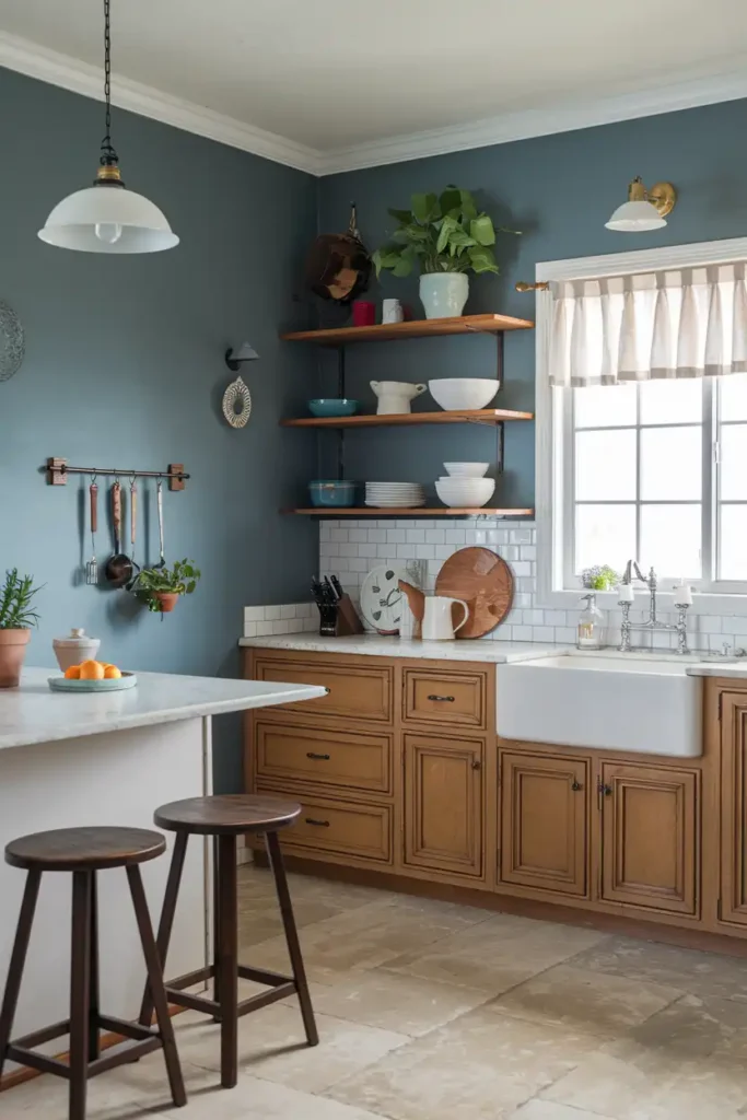 Dusty Blue-what color to paint kitchen with honey oak cabinets