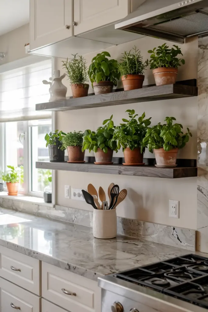 Floating Shelf Herb Display-diy indoor herb garden ideas