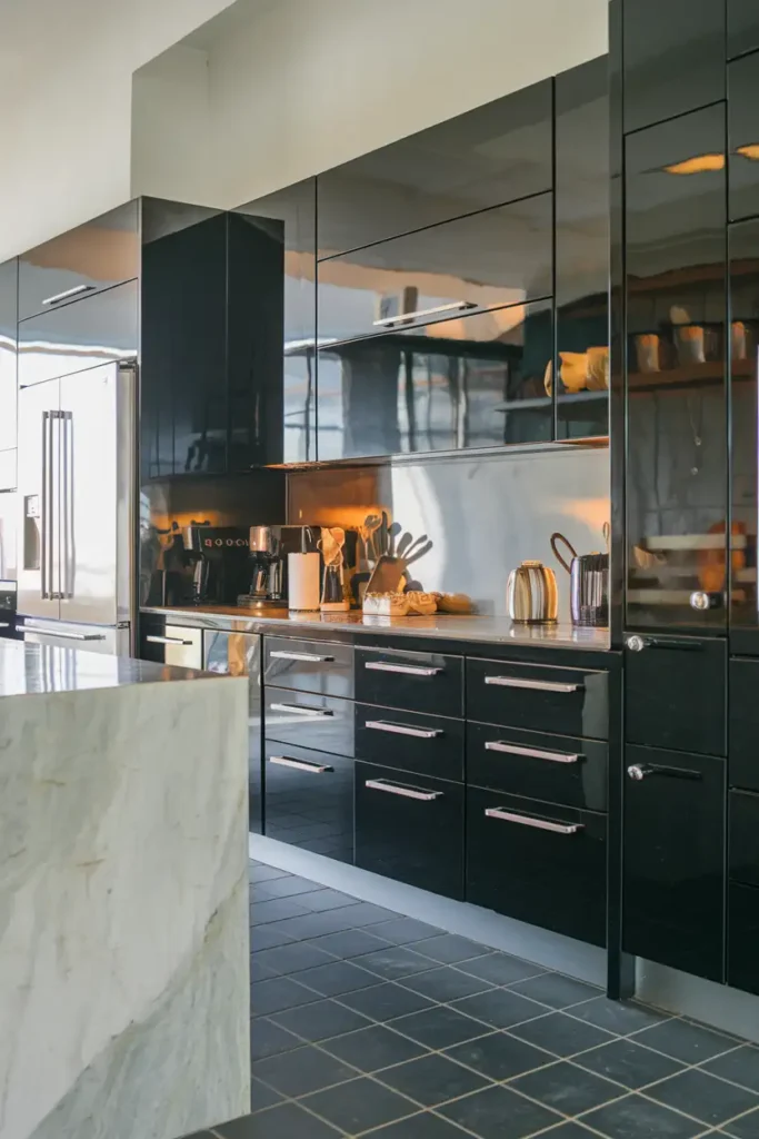 Glossy Black Cabinets for an Elegant Shine-black cabinet kitchen ideas