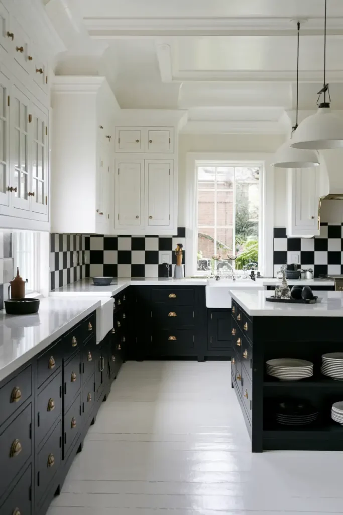 Go Bold with Black and White Contrast-black cabinet kitchen ideas
