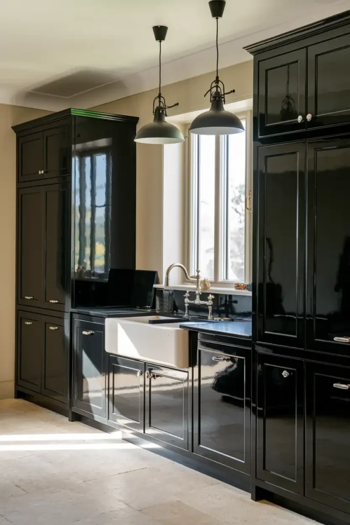 Hang Black Pendant Lights-black cabinet kitchen ideas