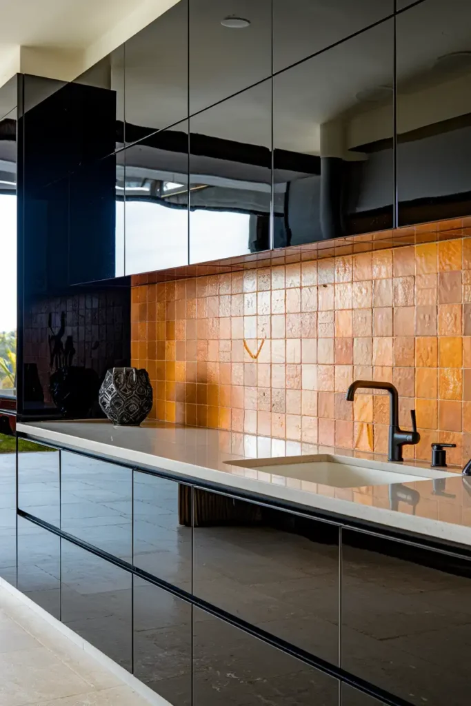 Integrate a Bold Backsplash-black cabinet kitchen ideas