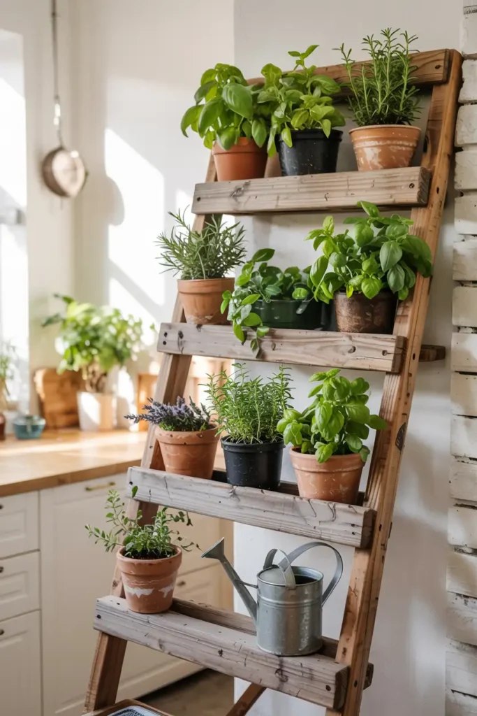 Ladder Shelf Display-diy indoor herb garden ideas