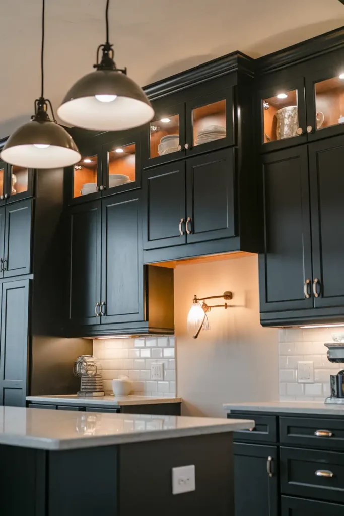 Make a Statement with Layered Lighting-black cabinet kitchen ideas