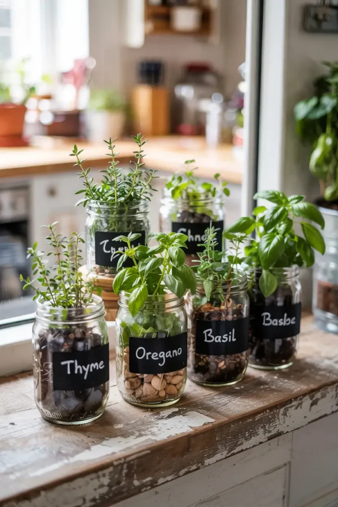 Mason Jar Windowsill Garden-diy indoor herb garden ideas