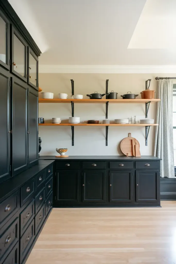 Mix in Open Shelving-black cabinet kitchen ideas