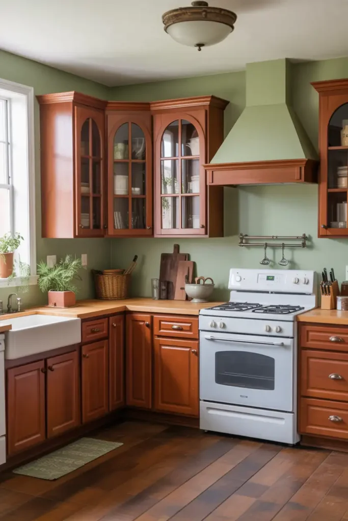Muted Sage Green-paint color cherry cabinets