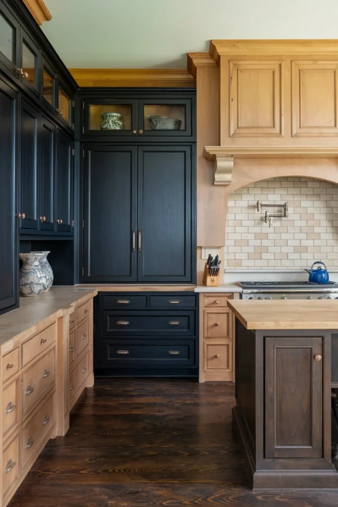 Pair Black with Warm Wood Tones-black cabinet kitchen ideas