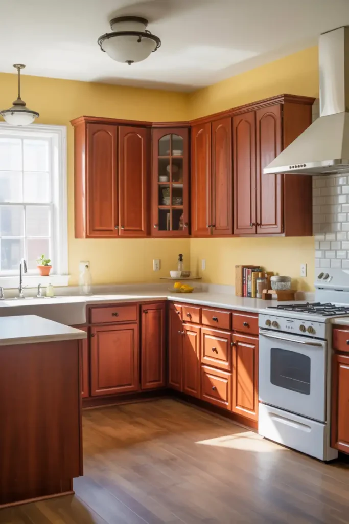 Soft Butter Yellow-paint color cherry cabinets
