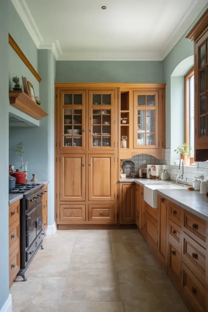 Soft Gray-Blue-what color to paint kitchen with honey oak cabinets