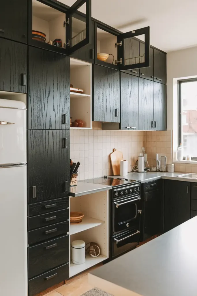 Switch Things Up with Black Wood Grain-black cabinet kitchen ideas