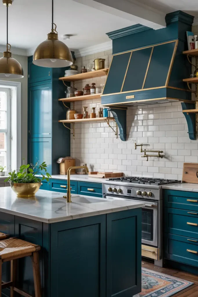 Teal + Brass Fixtures-kitchen color combinations