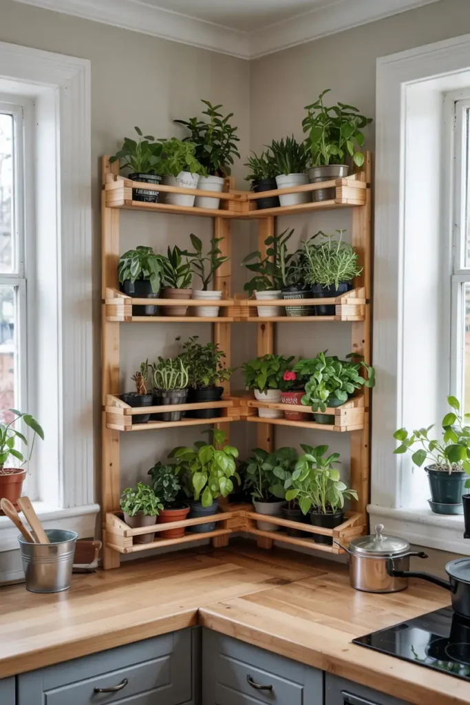 Tiered Plant Stand Corner-diy indoor herb garden ideas