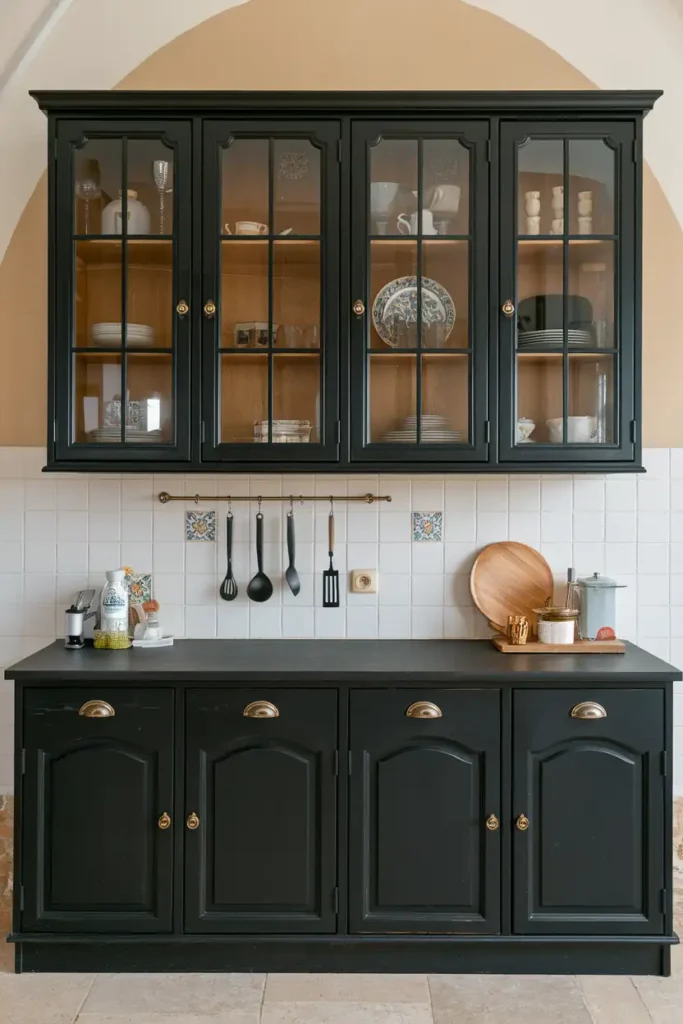 Try Black Cabinets with Glass Doors-black cabinet kitchen ideas