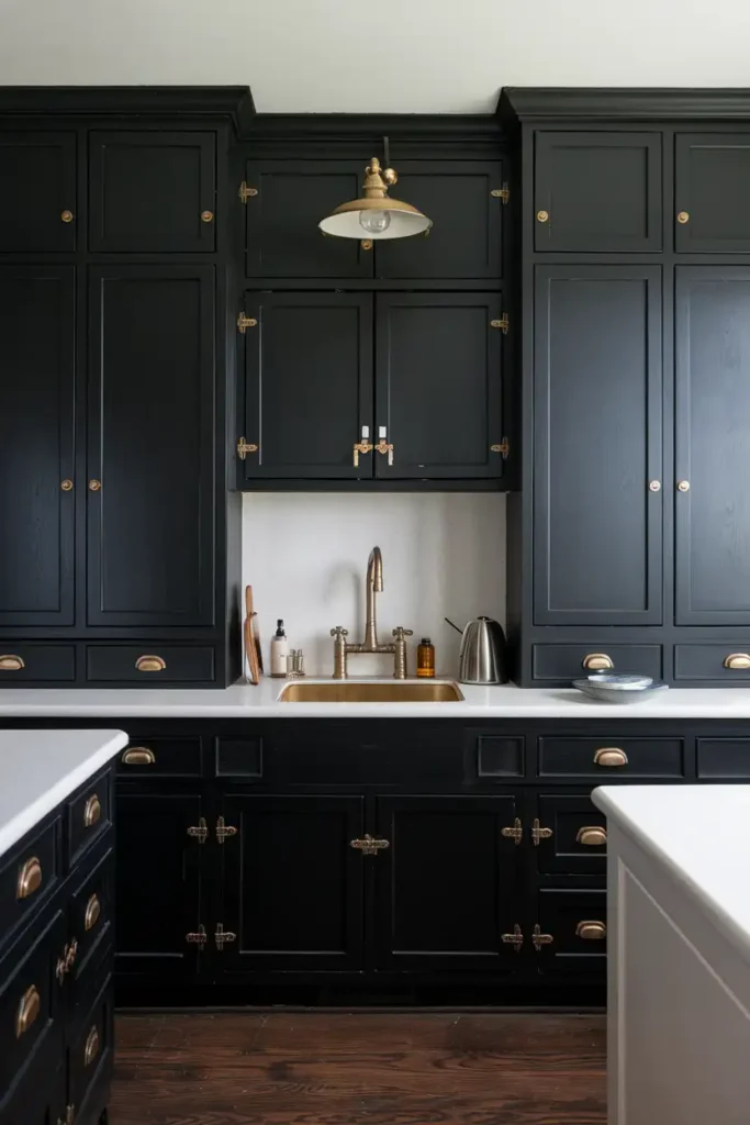 Try Black and Brass Fixtures-black cabinet kitchen ideas