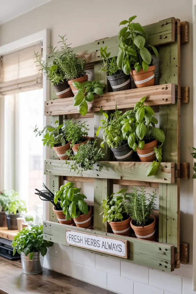Vertical Pallet Herb Wall-diy indoor herb garden ideas