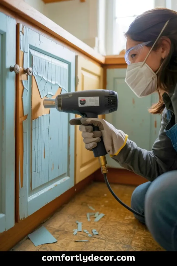 how to remove old paint from kitchen cabinets with heat gun