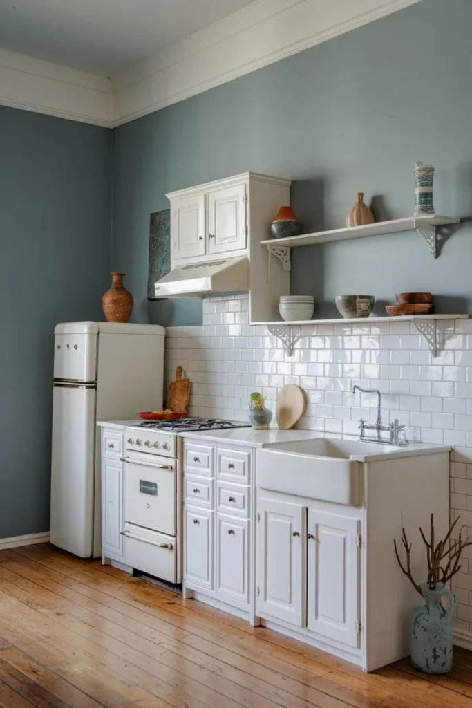 muted blue-paint colors for white cabinet kitchens