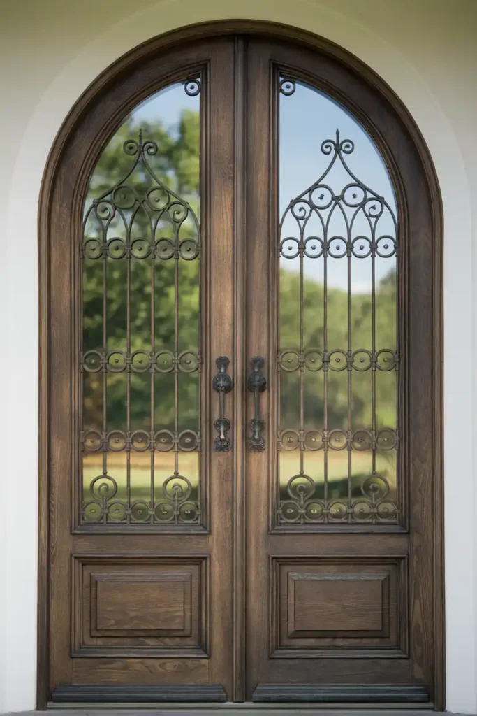 Classic Wooden Double Doors with Wrought Iron