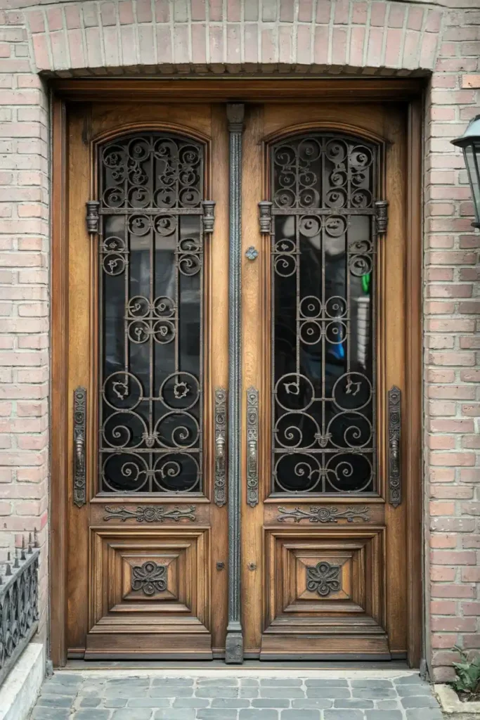 Classic Wooden Double Doors with Wrought Iron-Double Door Design Ideas