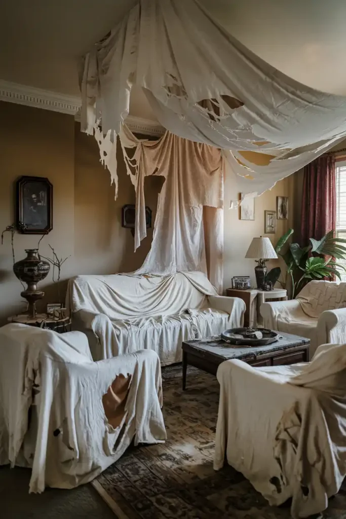 Creepy Cloth Draping-haunted house halloween decor ideas