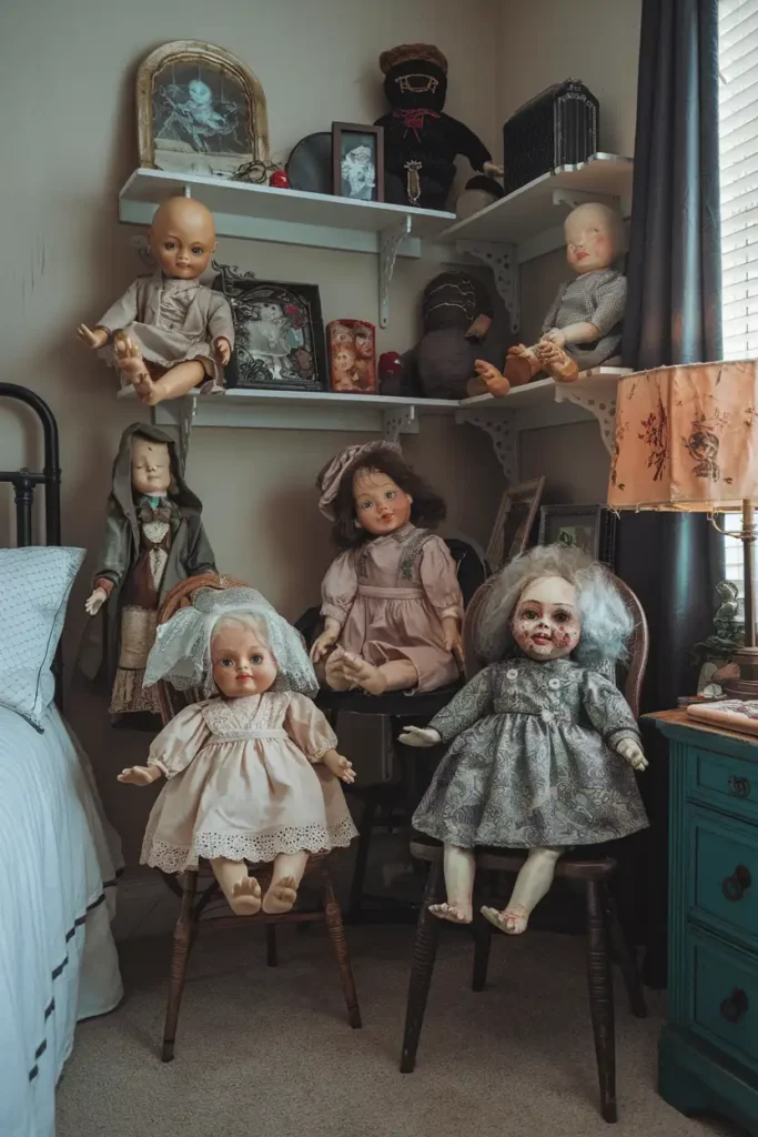 Creepy Doll Collection Corner-spooky halloween bedroom decor