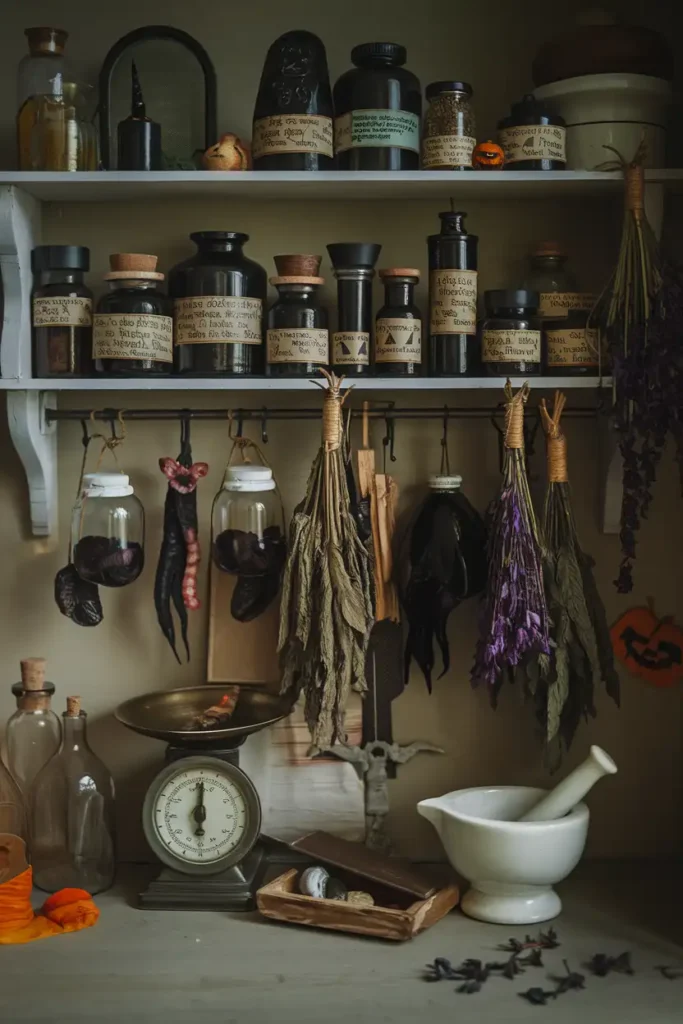 Eerie Apothecary Display-halloween kitchen decor ideas
