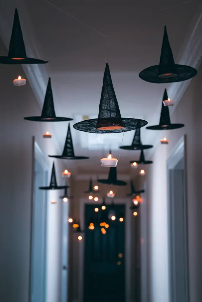 Floating Witch Hats-halloween hallway decoration ideas