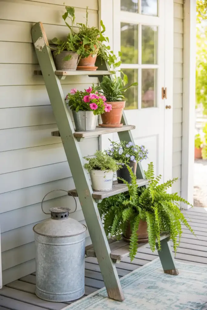 Repurposed Ladder Plant Stand-Front Porch Ideas