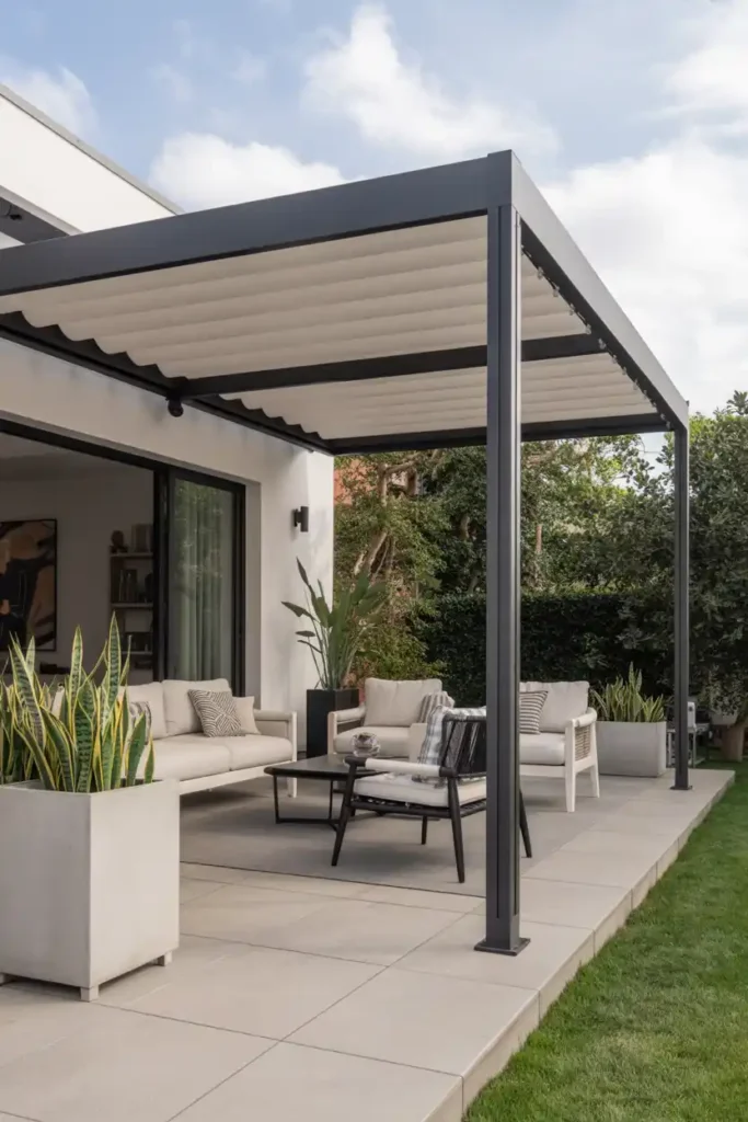 Sleek Aluminum Pergola with Retractable Canopy-patio roof extension ideas