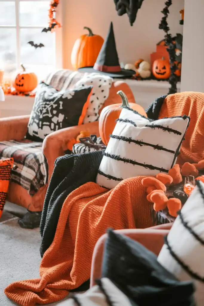 Soft Textured Blankets and Pillows-Cozy Halloween Aesthetic Decor