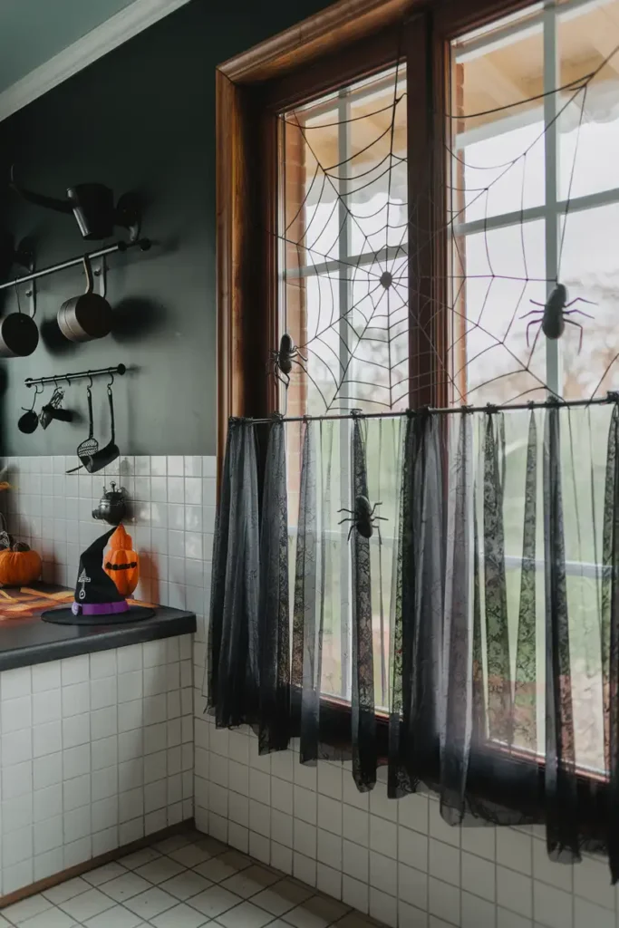 Spiderweb Window Treatments-halloween kitchen decor ideas