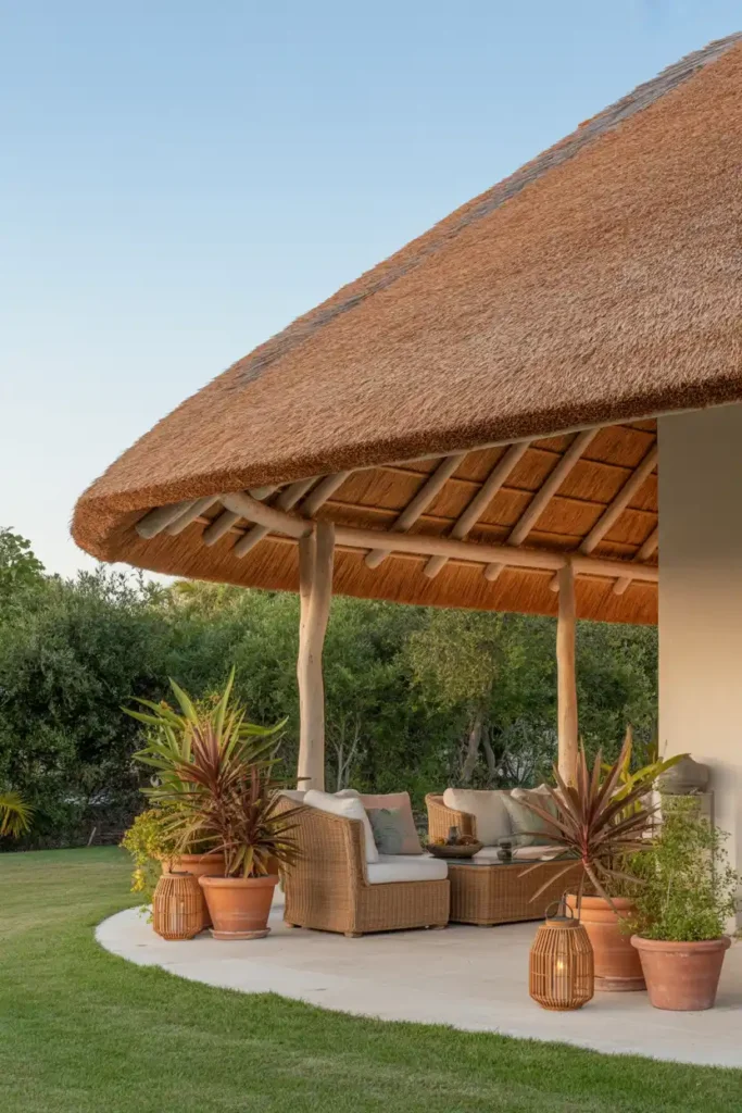 Thatched Roof Extension-patio roof extension ideas