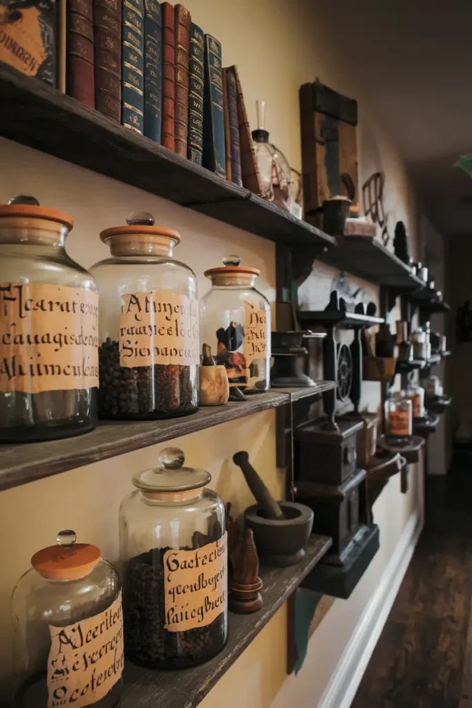 Vintage Apothecary Setup-halloween hallway decoration ideas