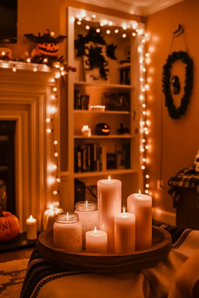 Warm Lighting with String Lights and Candles-Cozy Halloween Aesthetic Decor