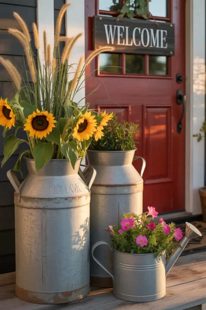 Farmhouse Milk Can Planters-Front Porch Ideas