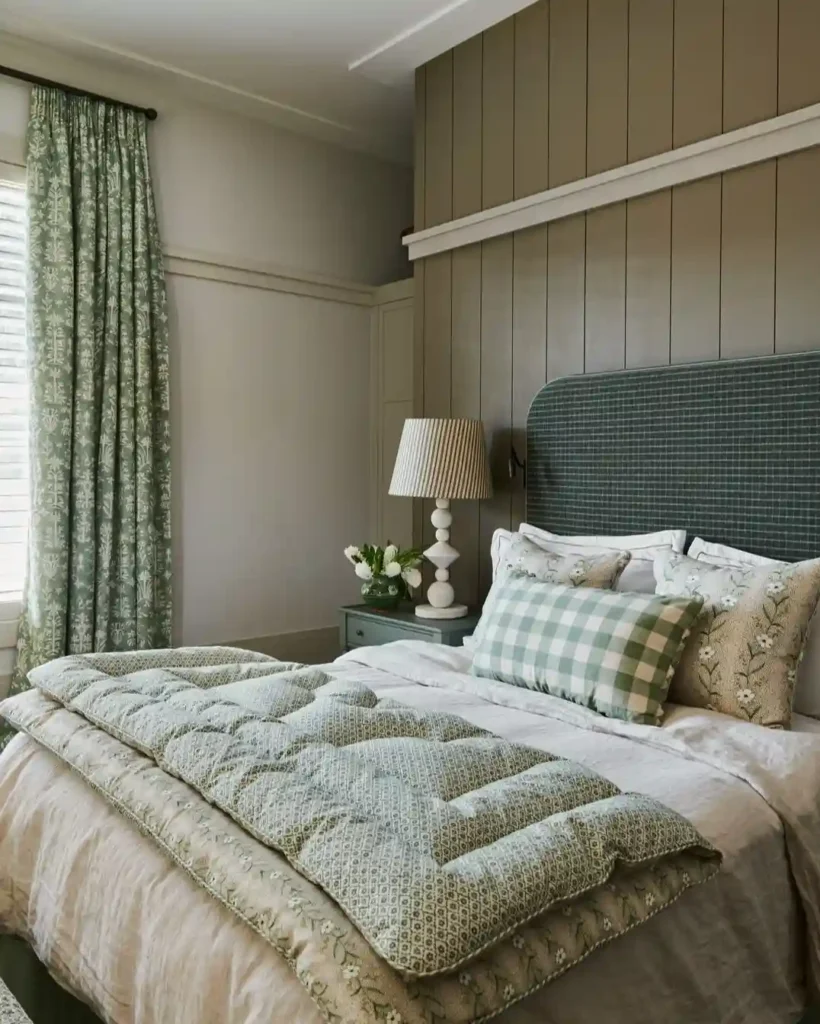 sage green quilt, gingham pillows, and layered textures.