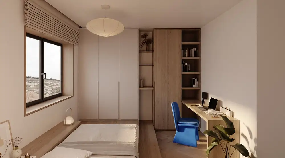 white bedding, built-in desk, wooden shelving, and a bright blue chair in a minimalist layout.