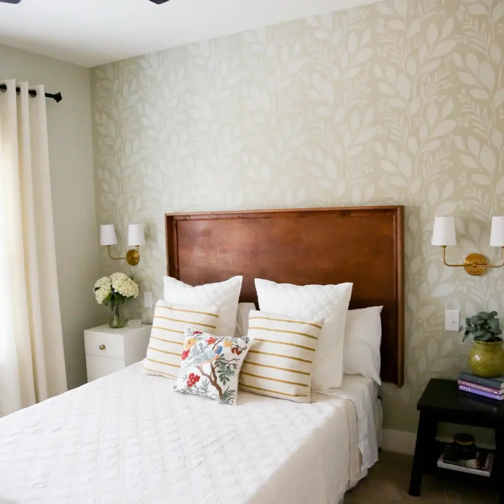 Guest bedroom idea on a budget with stenciled leaf wall, wood headboard, and striped pillows.