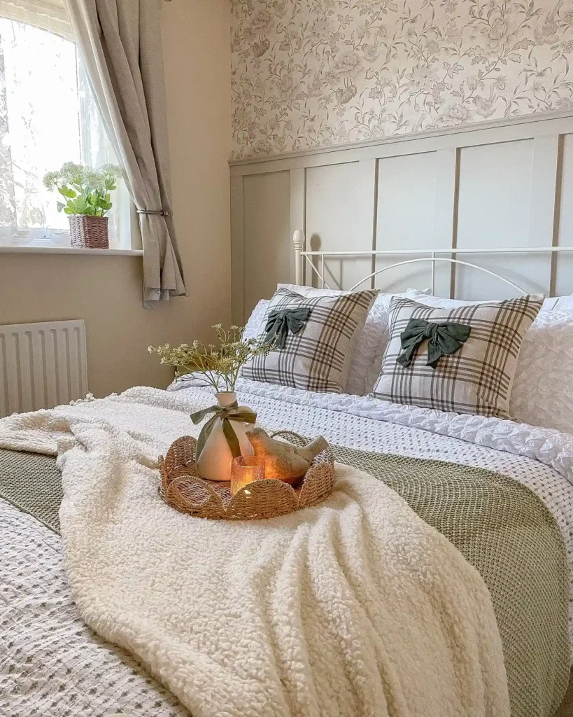 Guest bedroom bedding with plaid pillows, soft throws, and a neutral floral backdrop.