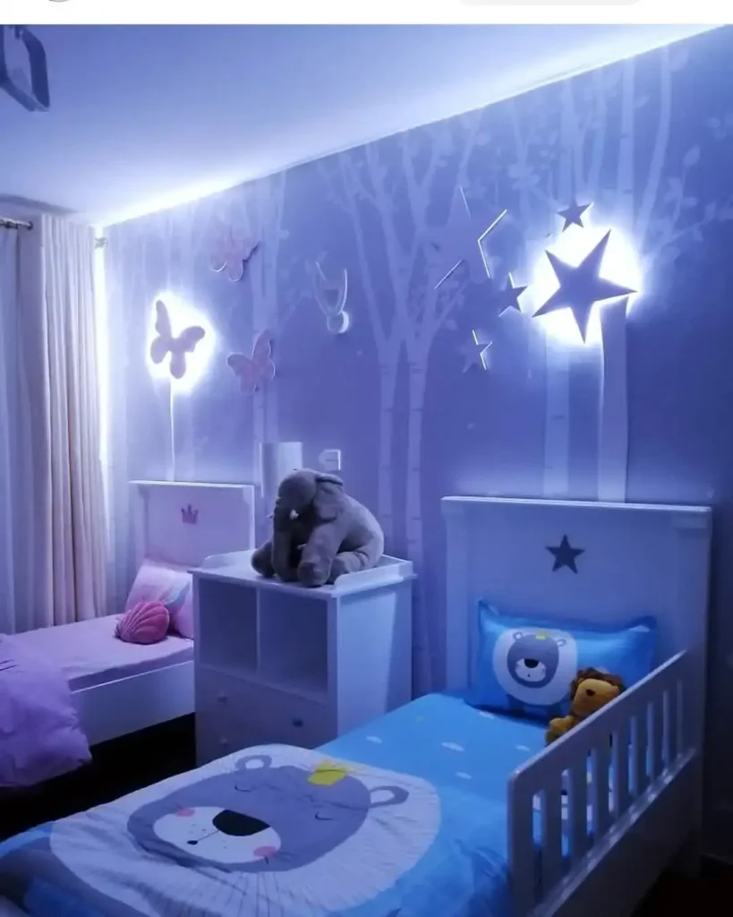 Boy and girl shared bedroom with glowing star lights, purple walls, and whimsical animal bedding.
