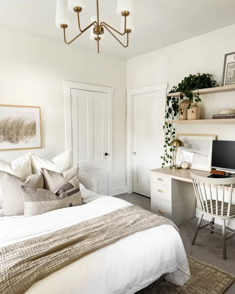 neutral bedding, natural textures, and integrated desk workspace.