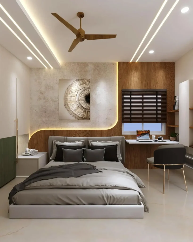 Elegant guest bedroom office combo with statement wall, ambient lighting, and sleek desk.