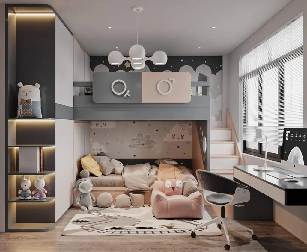 Boy and girl shared bedroom with pastel loft beds, gender symbols, cloud wallpaper, and modern design.