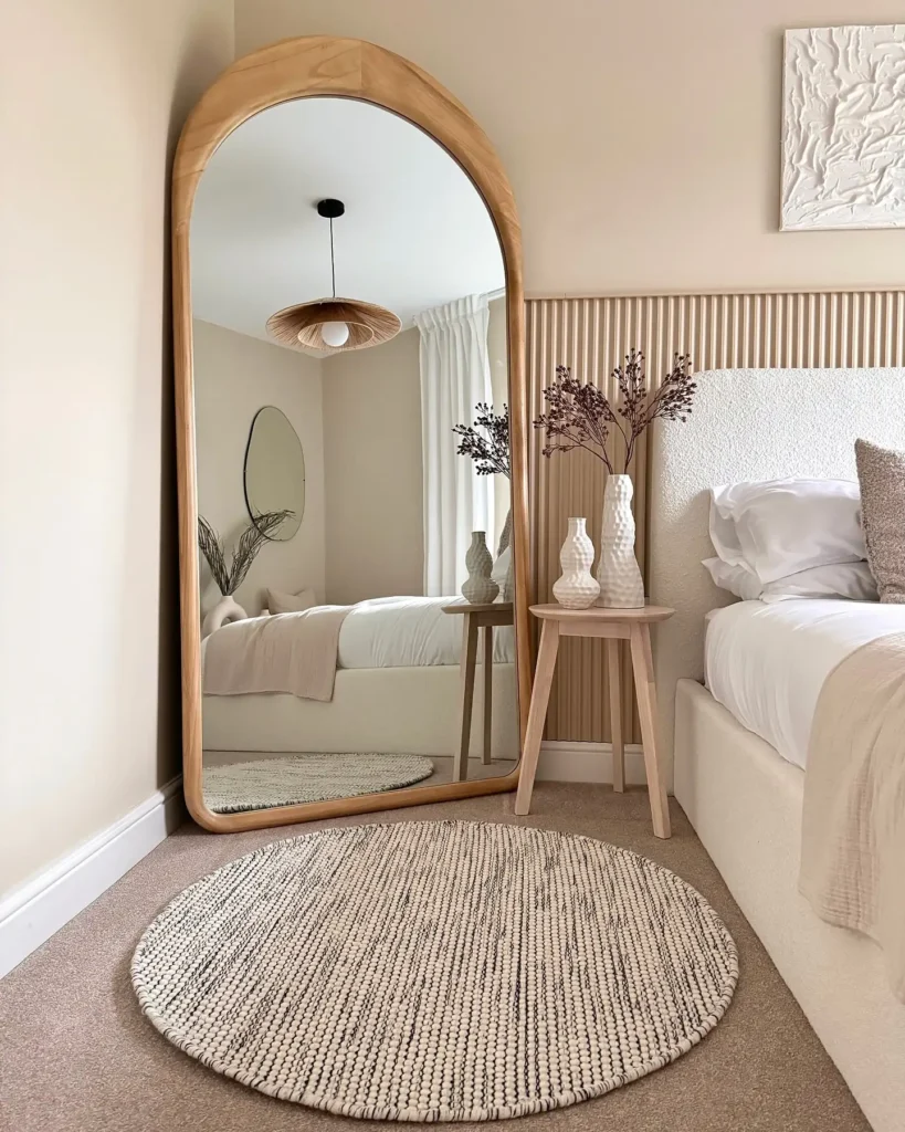 Bedroom with light wood arched full length mirror and round neutral rug.