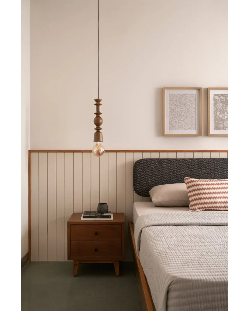 wood nightstand, upholstered headboard, and soft layered bedding.