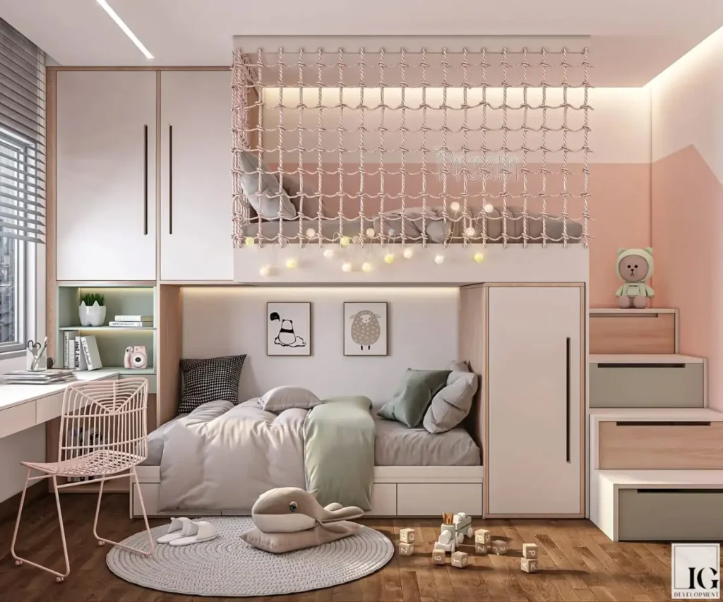 Stylish boy and girl shared bedroom with loft bed, rope divider, cozy lighting, and built-in storage.