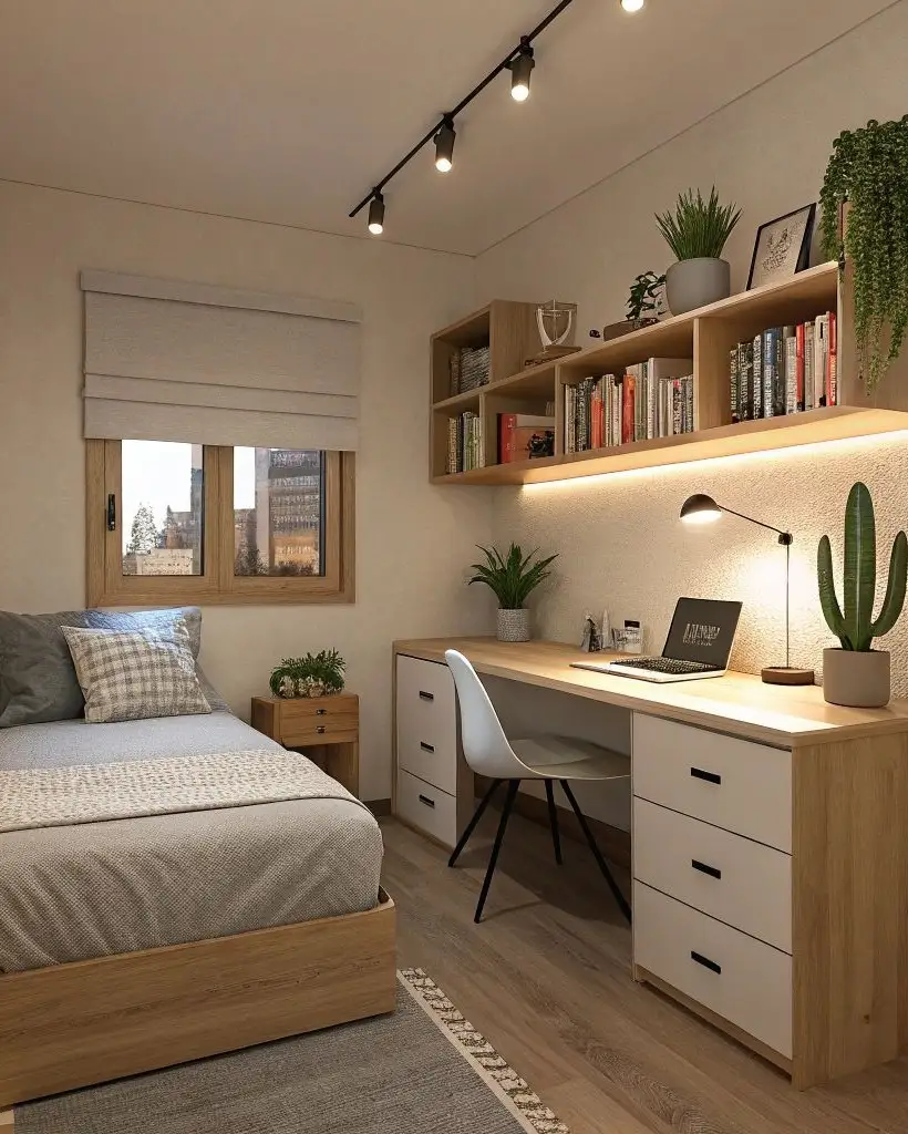 Scandinavian-inspired guest bedroom office with wood desk, plants, and neutral bedding.