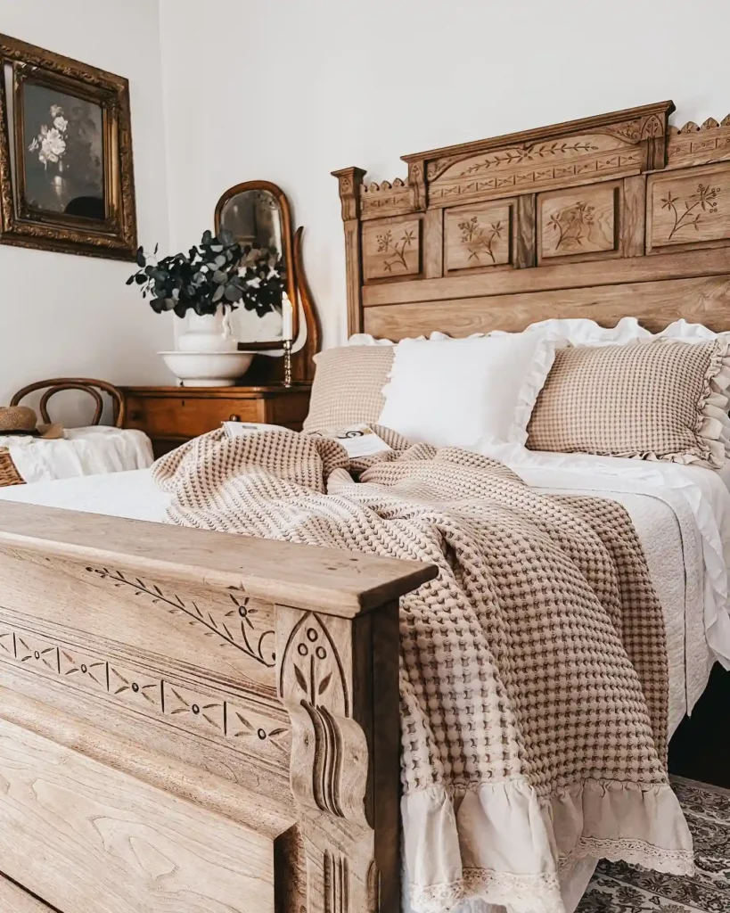 Rustic wooden guest bedroom bedding with gingham pillows and cozy throws.